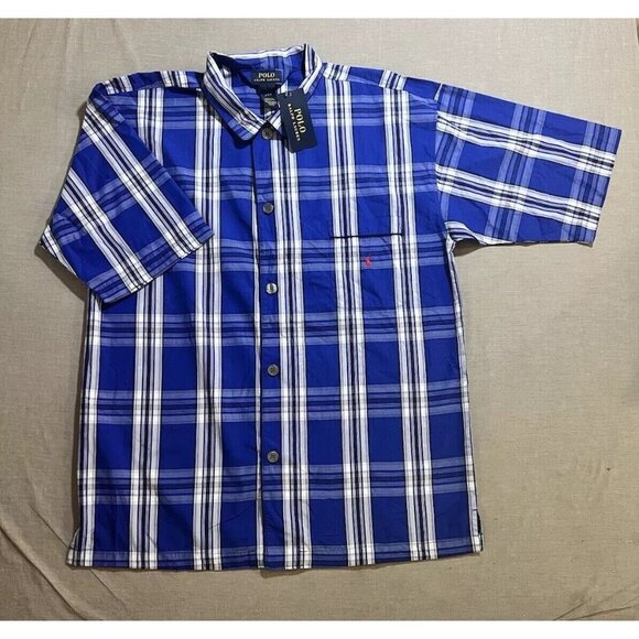 Polo Ralph Lauren Mens Size L Blue Plaid Button  Woven Pajama Top Short‎ Sleeve. - Picture 1 of 10